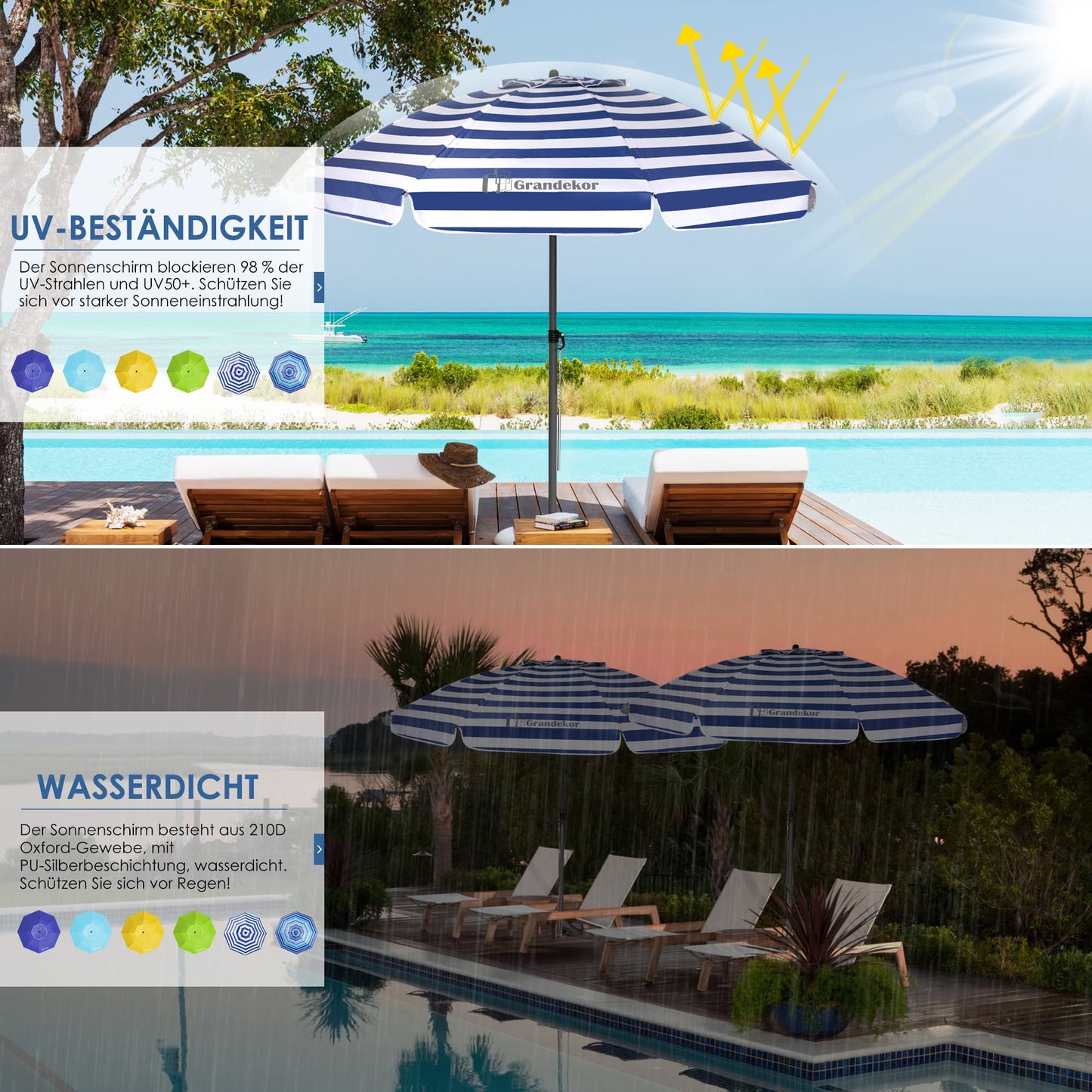 Sonnenschirm für den Strand 200cm mit UV-Schutz verstellbarer Neigungswinkel