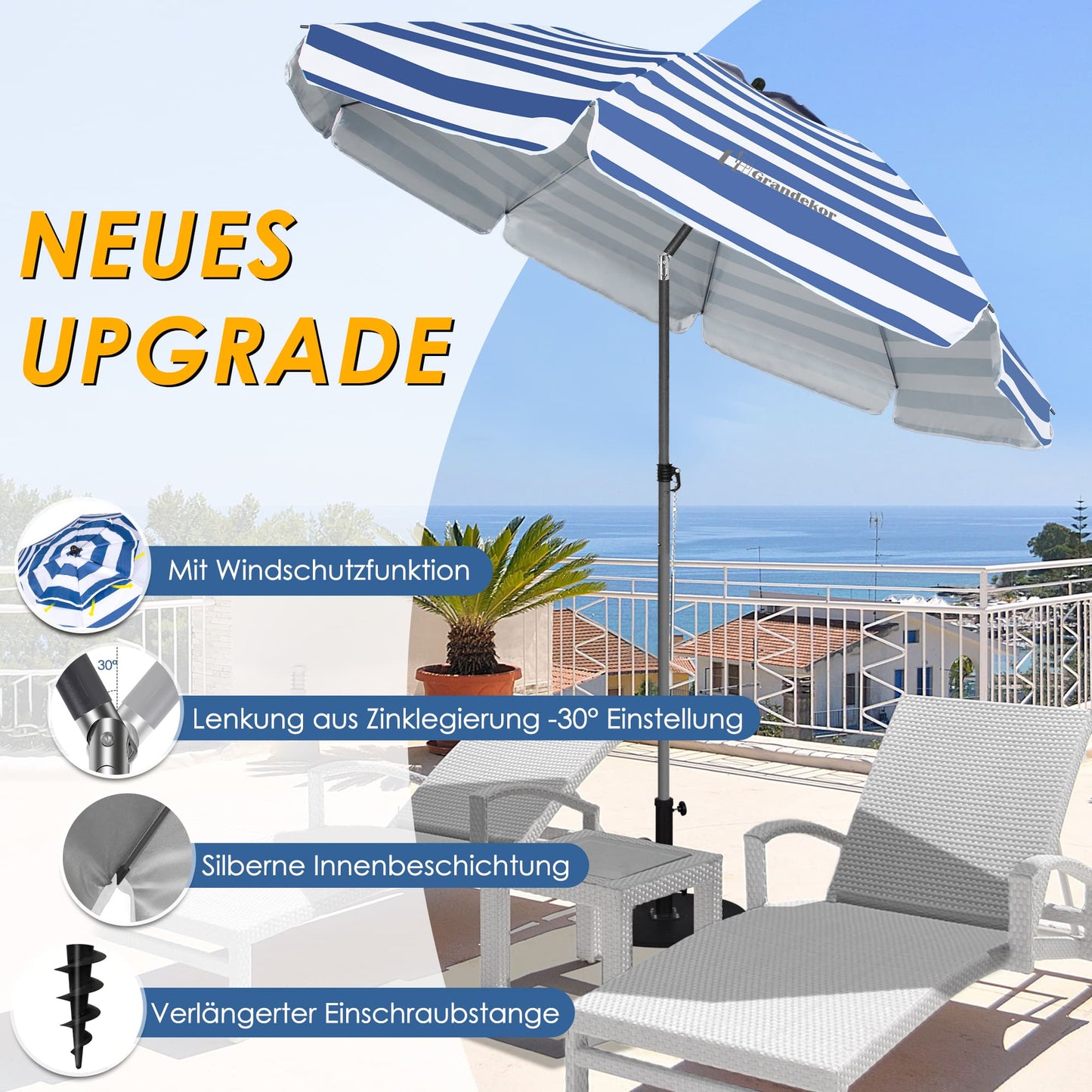 Sonnenschirm für den Strand 200cm mit UV-Schutz verstellbarer Neigungswinkel