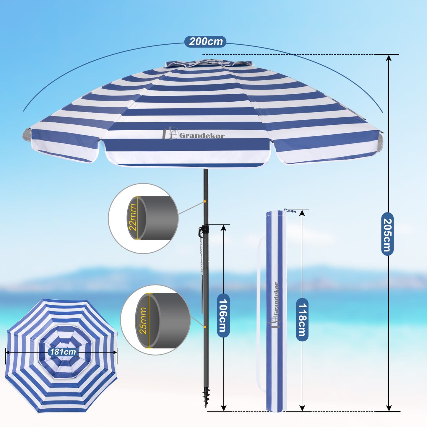 Sonnenschirm für den Strand 200cm mit UV-Schutz verstellbarer Neigungswinkel