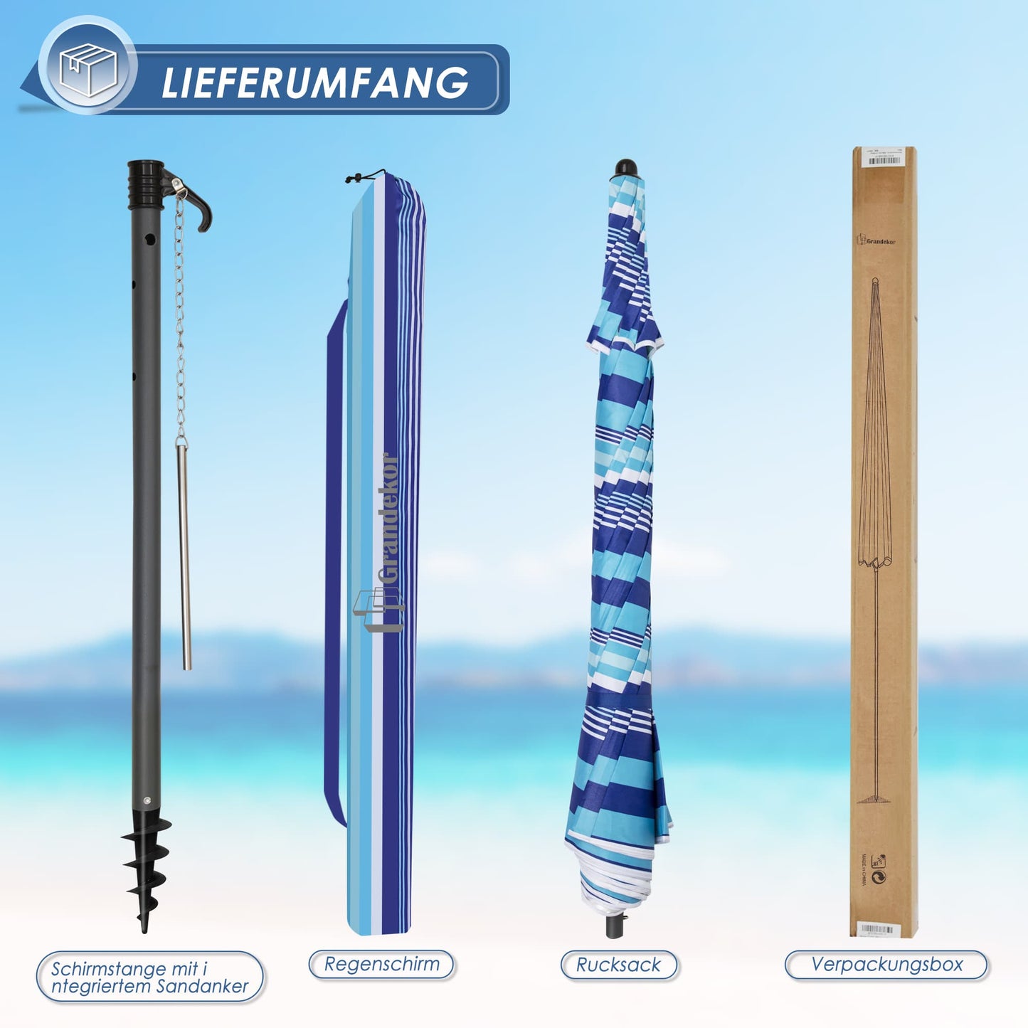 Sonnenschirm für den Strand 200cm mit UV-Schutz verstellbarer Neigungswinkel