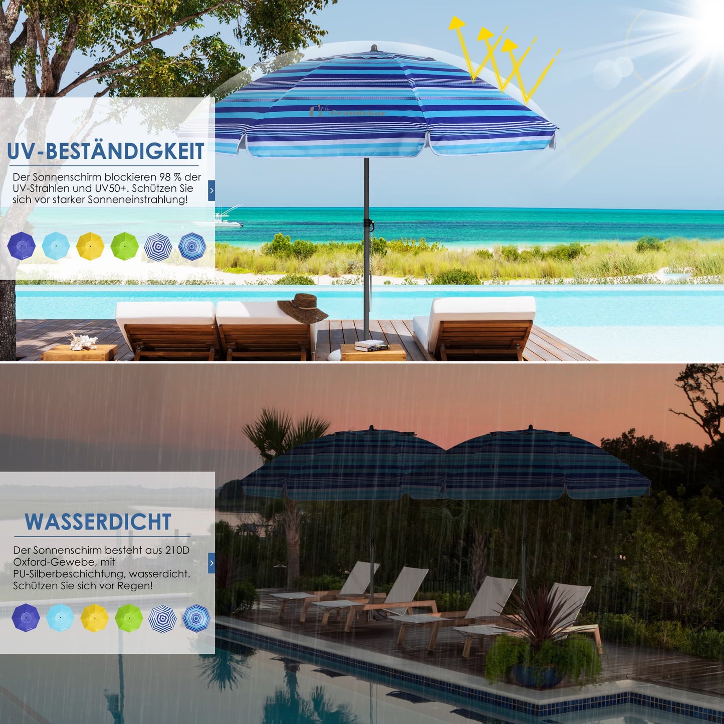 Sonnenschirm für den Strand 200cm mit UV-Schutz verstellbarer Neigungswinkel