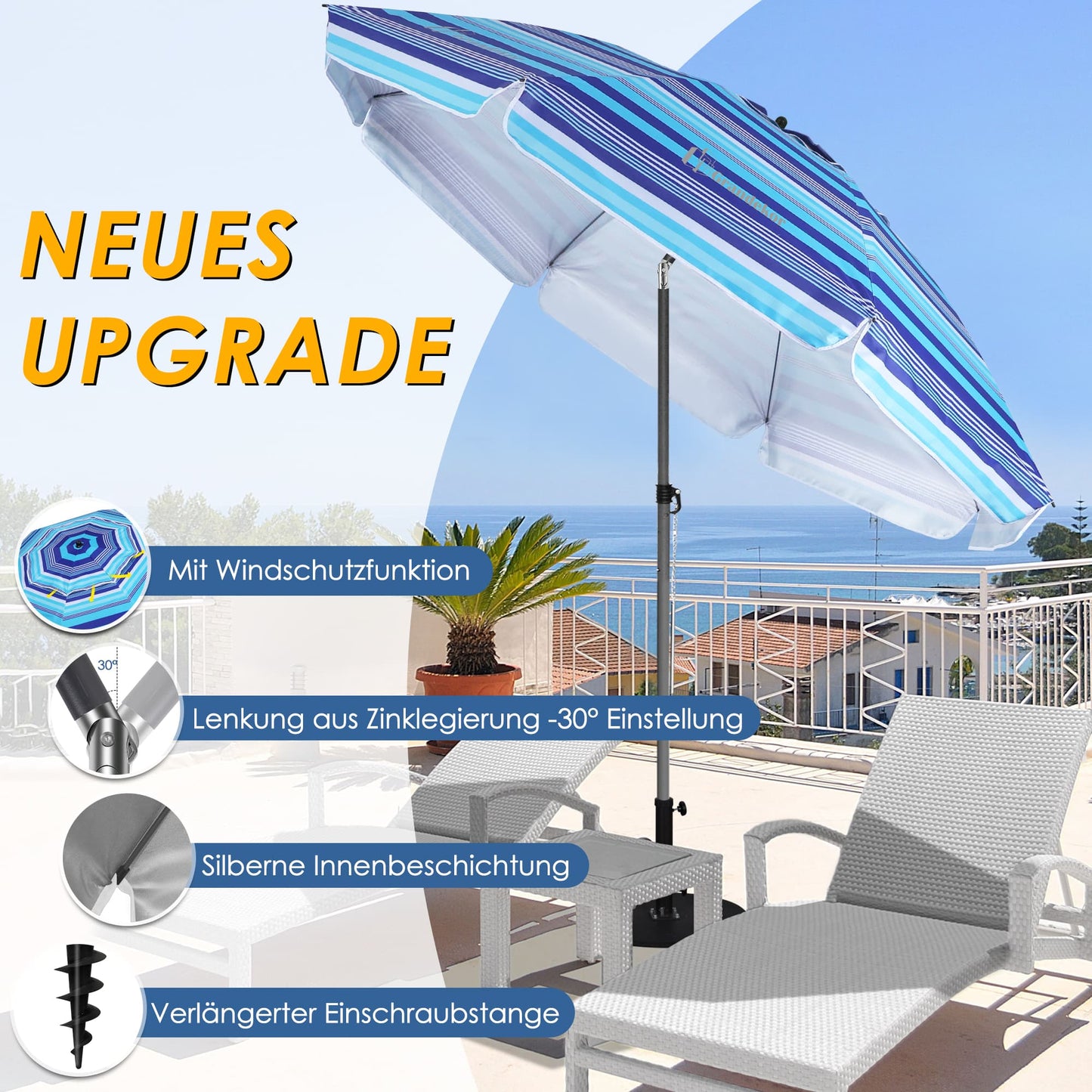 Sonnenschirm für den Strand 200cm mit UV-Schutz verstellbarer Neigungswinkel