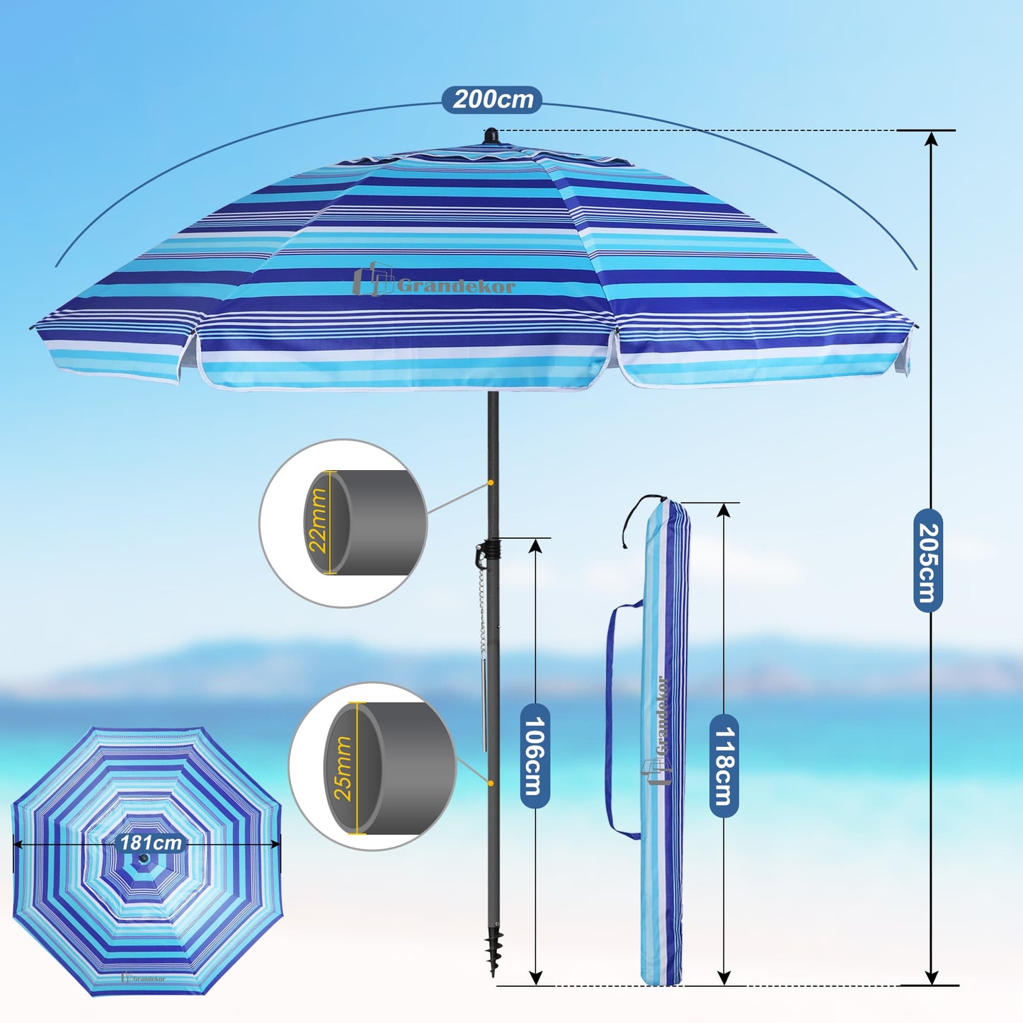 Sonnenschirm für den Strand 200cm mit UV-Schutz verstellbarer Neigungswinkel