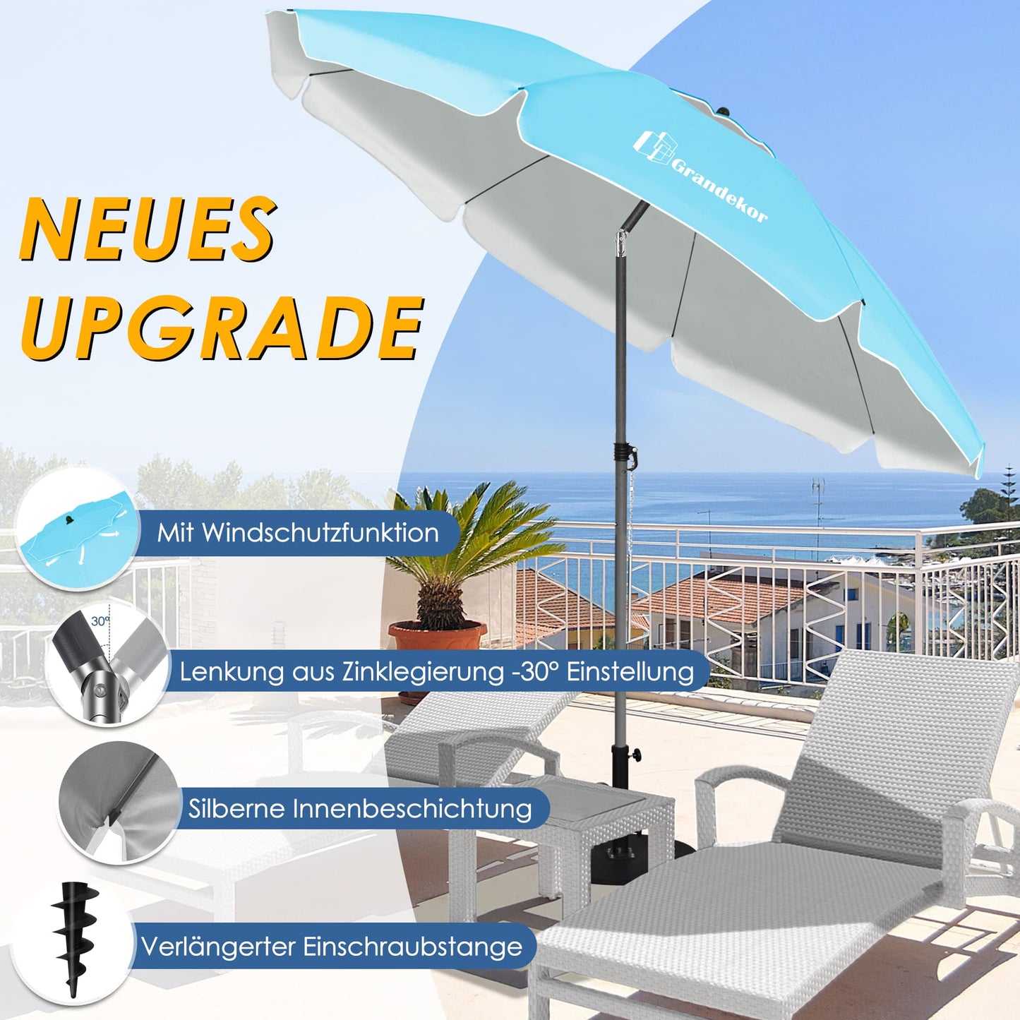 Sonnenschirm für den Strand 200cm mit UV-Schutz verstellbarer Neigungswinkel