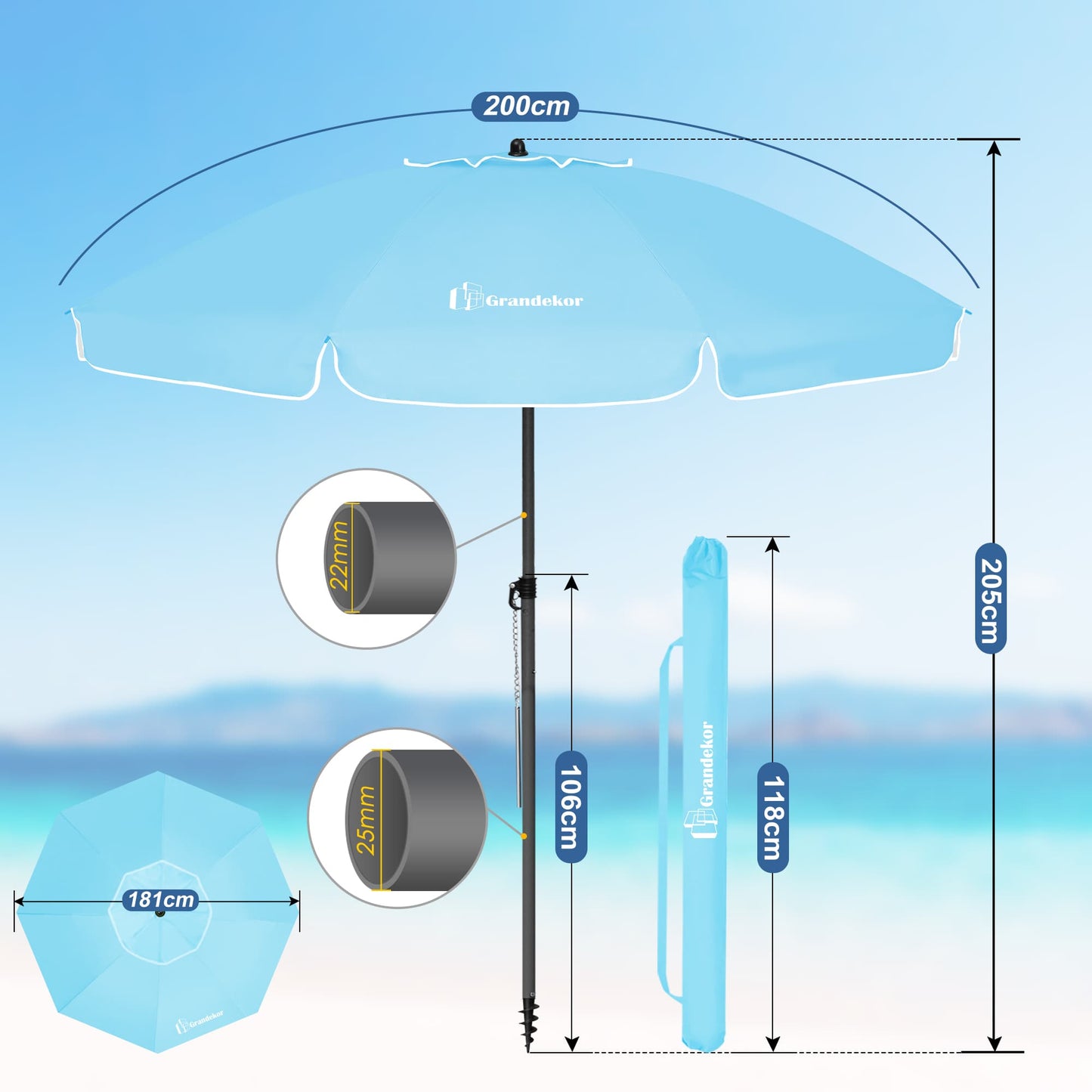 Sonnenschirm für den Strand 200cm mit UV-Schutz verstellbarer Neigungswinkel