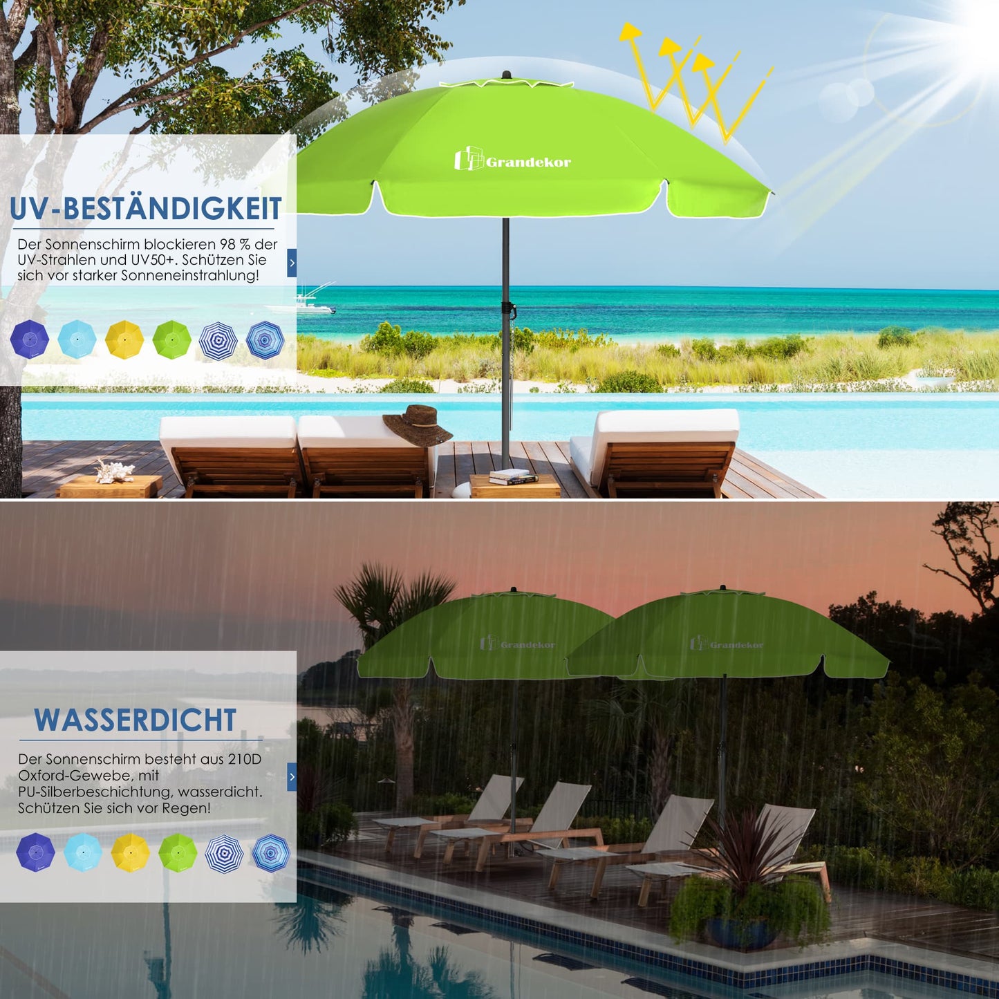 Sonnenschirm für den Strand 200cm mit UV-Schutz verstellbarer Neigungswinkel