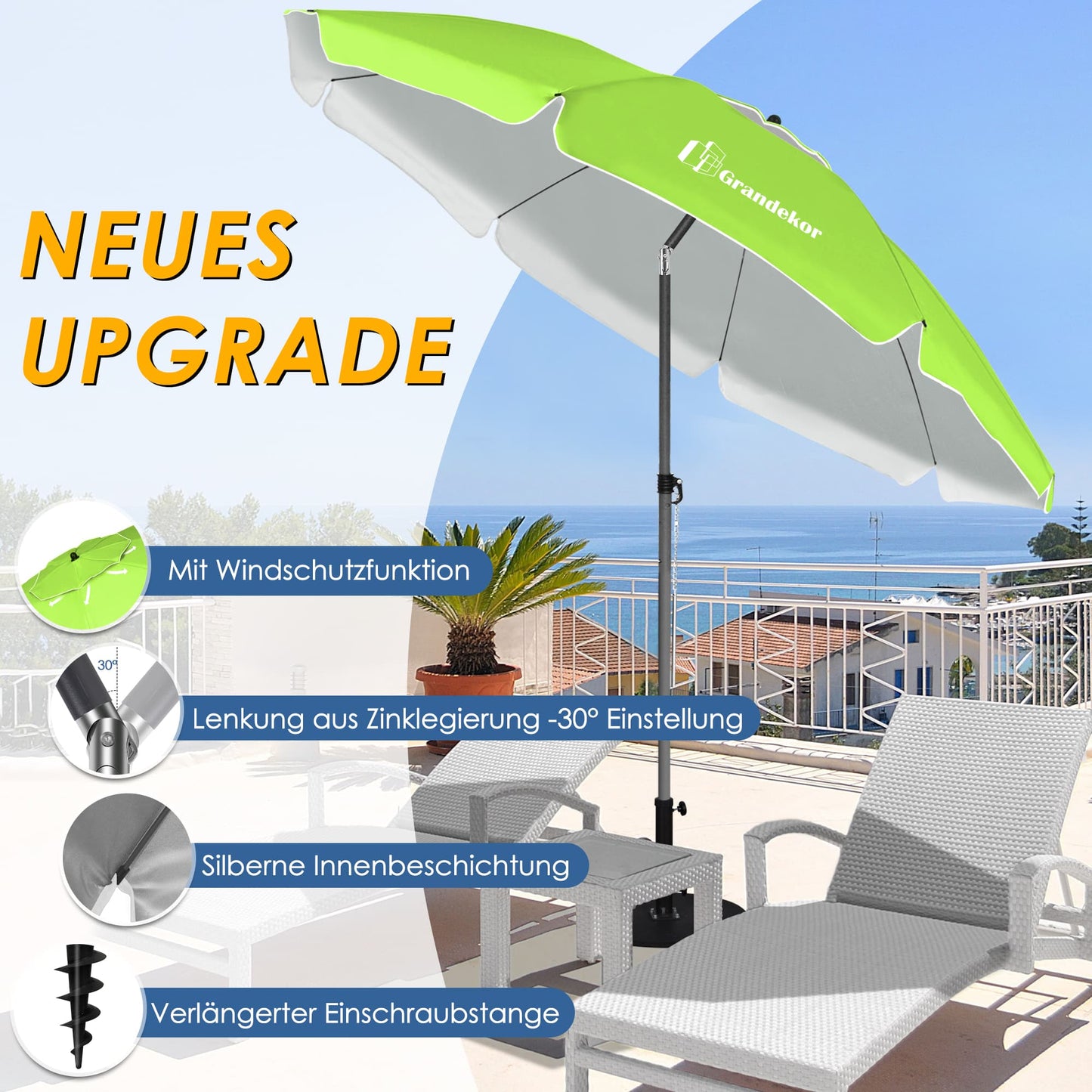 Sonnenschirm für den Strand 200cm mit UV-Schutz verstellbarer Neigungswinkel