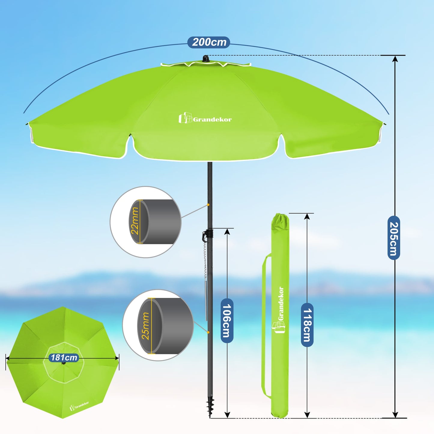 Sonnenschirm für den Strand 200cm mit UV-Schutz verstellbarer Neigungswinkel