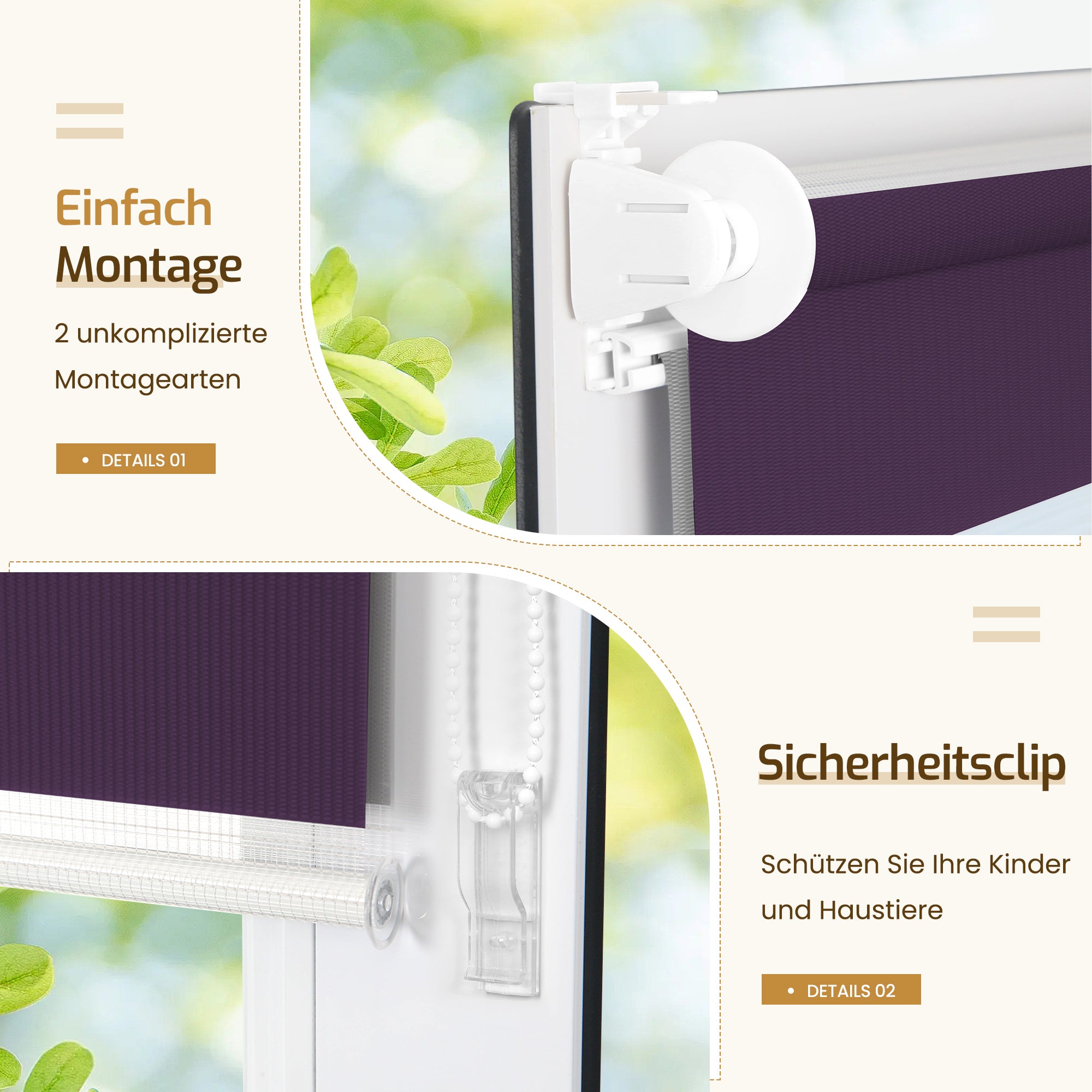 Doppelrollo Klemmfix ohne Bohren –Weiß/Anthrazit/Aubergine