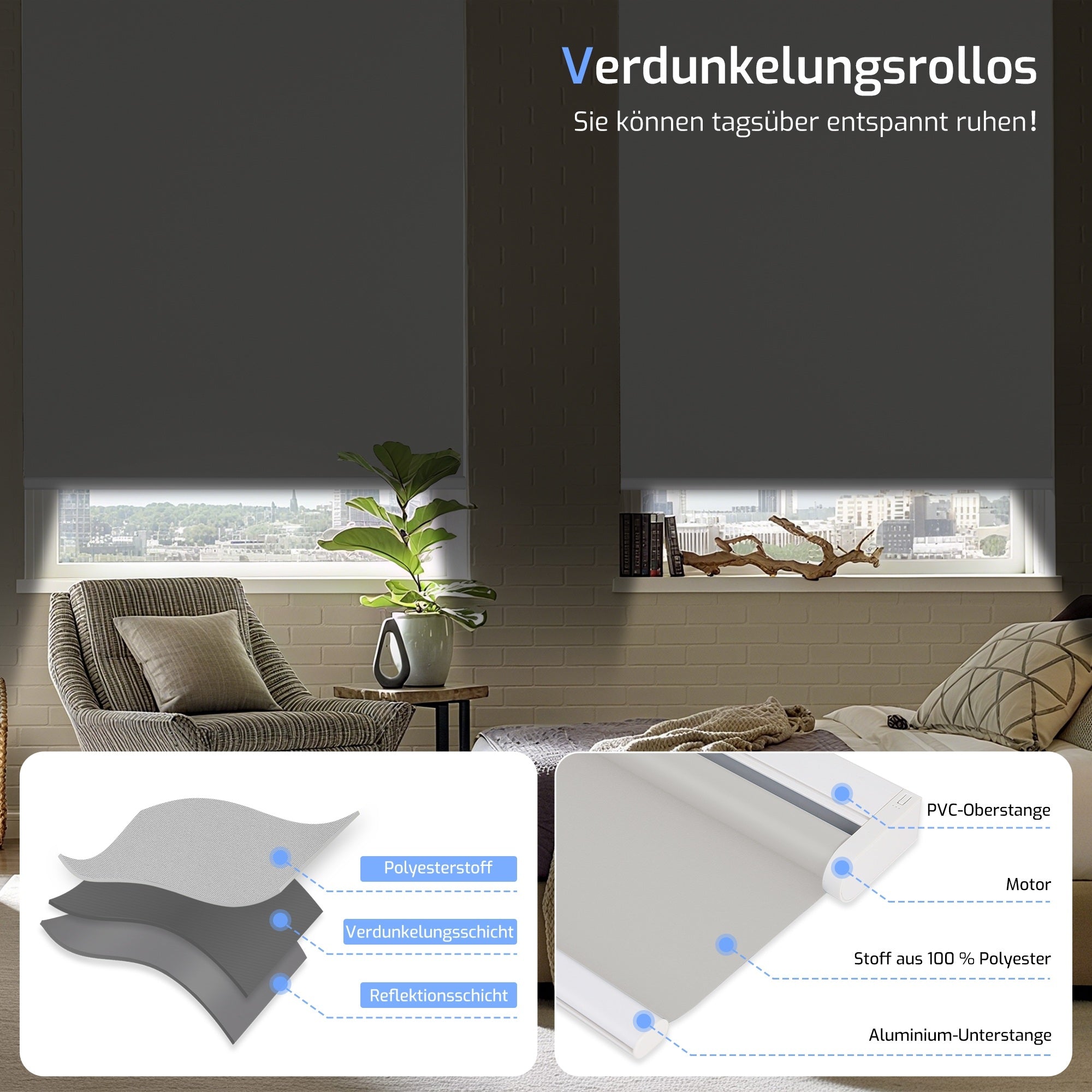M100 Elektrisch | Verdunkelung | Batterie | Rollo | Grau | Standardgröße
