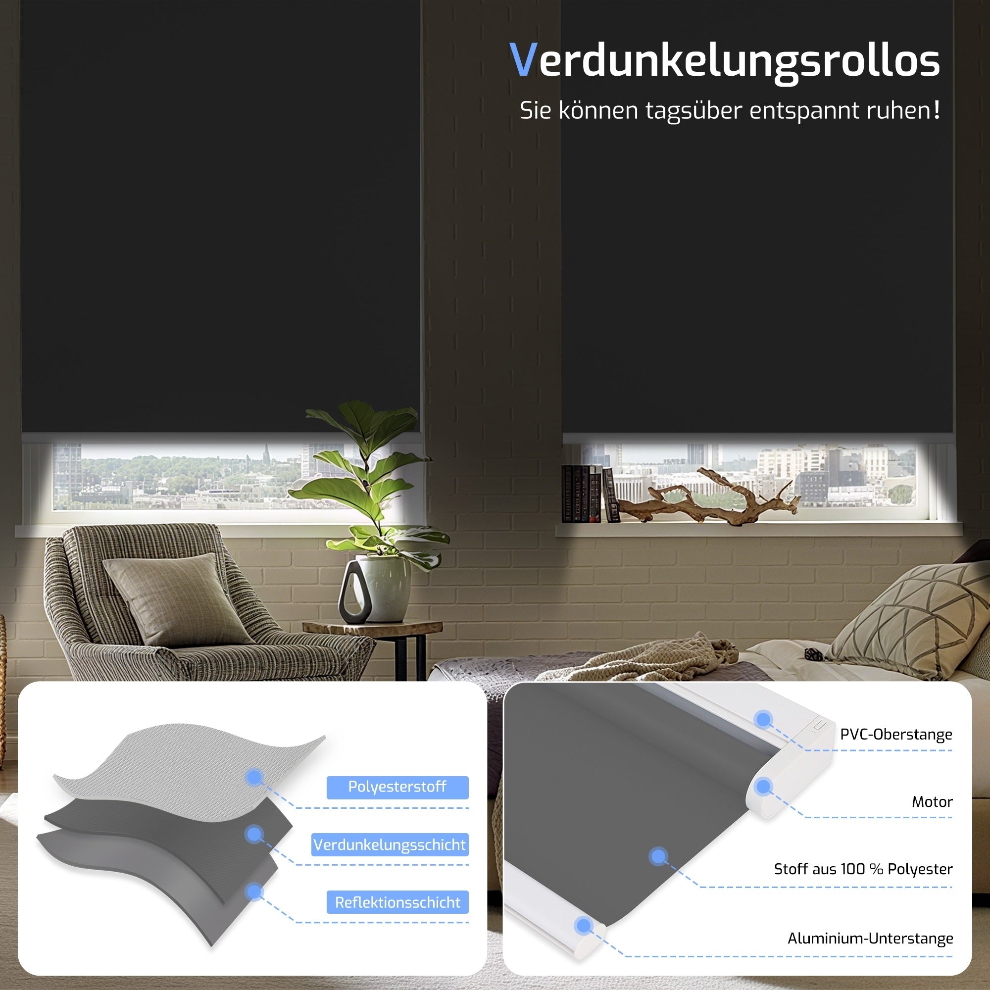M100 Elektrisch | Verdunkelung | Batterie | Rollo | Dunkelgrau | Standardgröße
