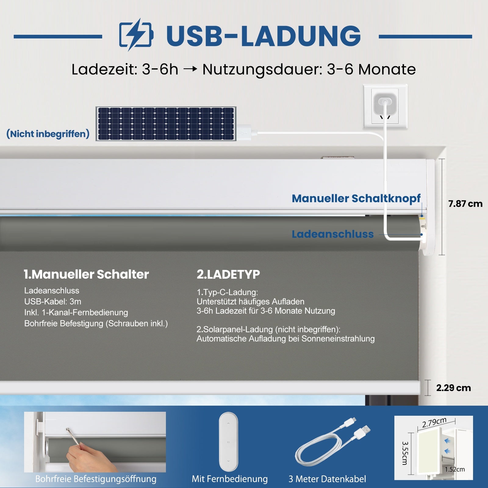 M330 Elektrisch | Bohrenfrei | Verdunkelung | Akku | Rollo | Nach Maß