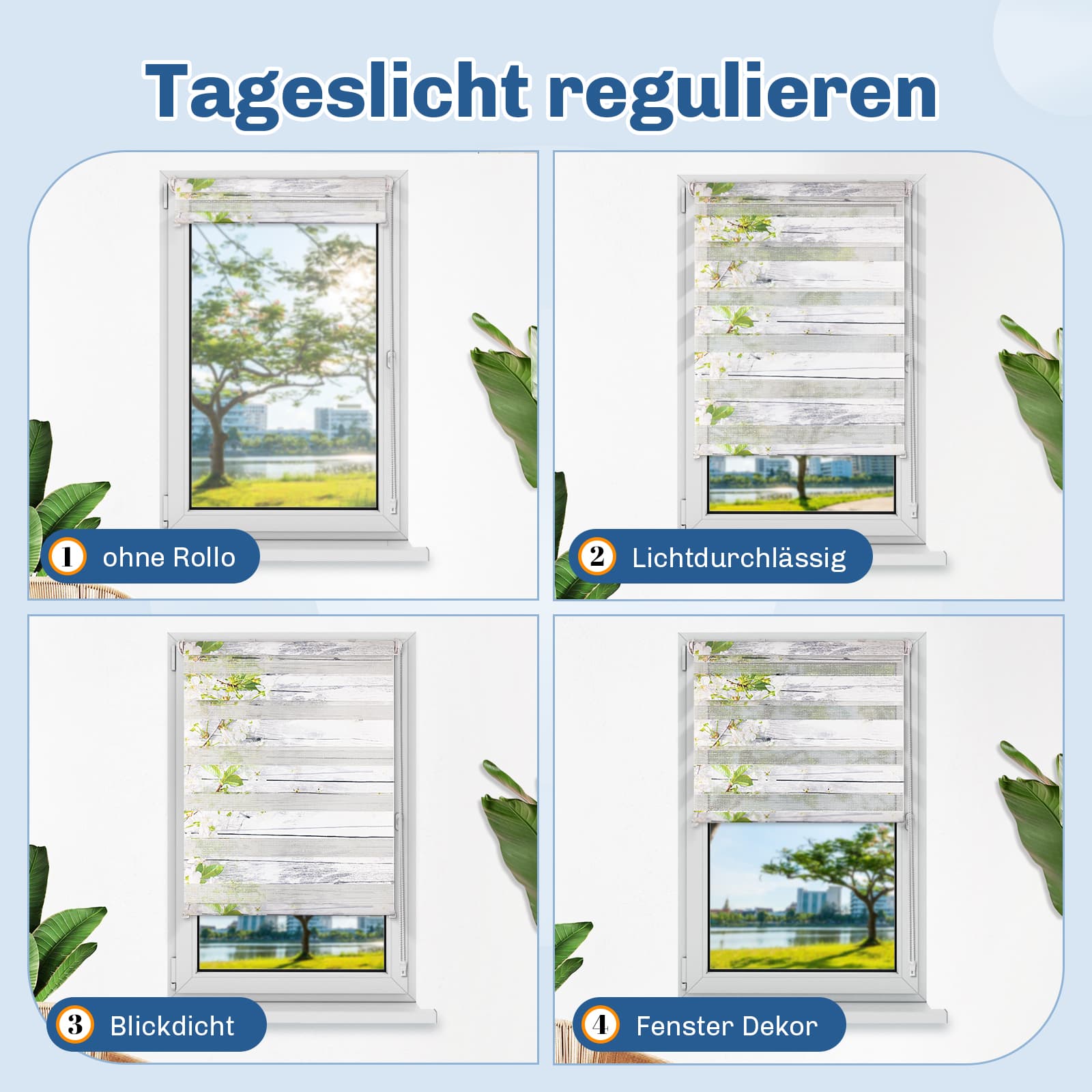 Doppelrollo Duo Rollo Klemmfix ohne Bohren Weiß-Blüten