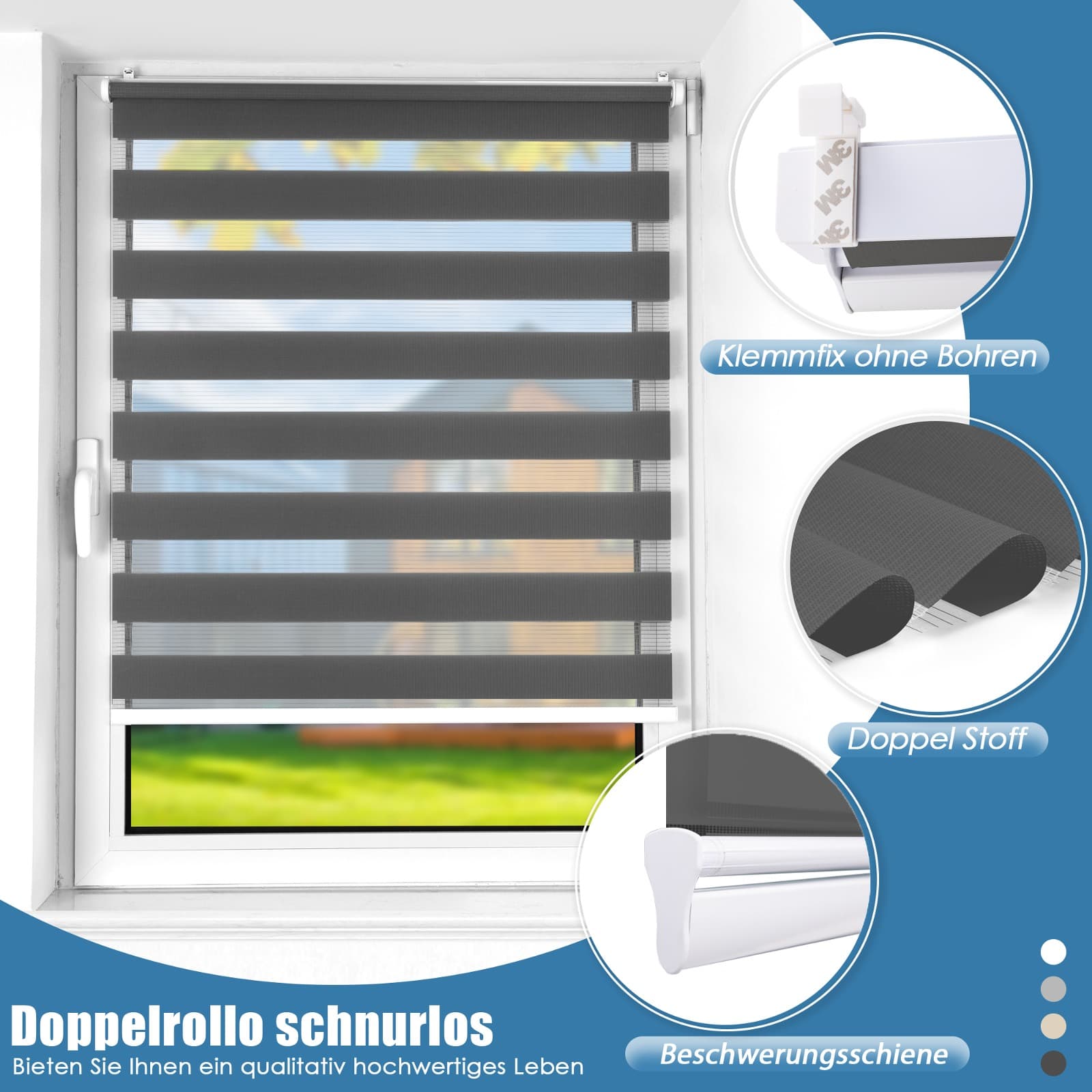 Doppelrollo Schnurlos Klemmfix ohne Bohren Duo Drücken Und Ziehen Anthrazit