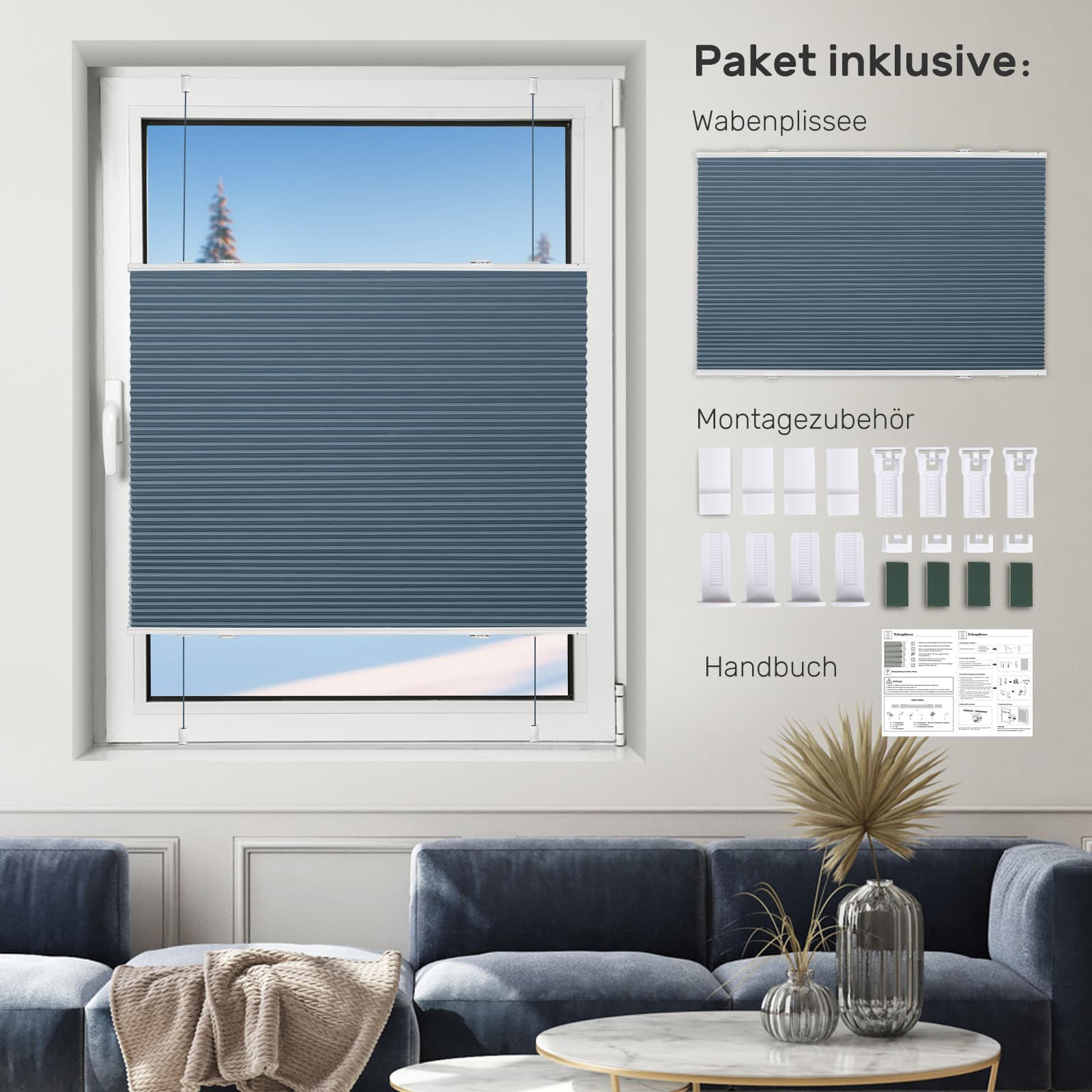 Wabenplissee Klemmfix Verdunkelung Thermo Zweifarbig Weiß-Blau