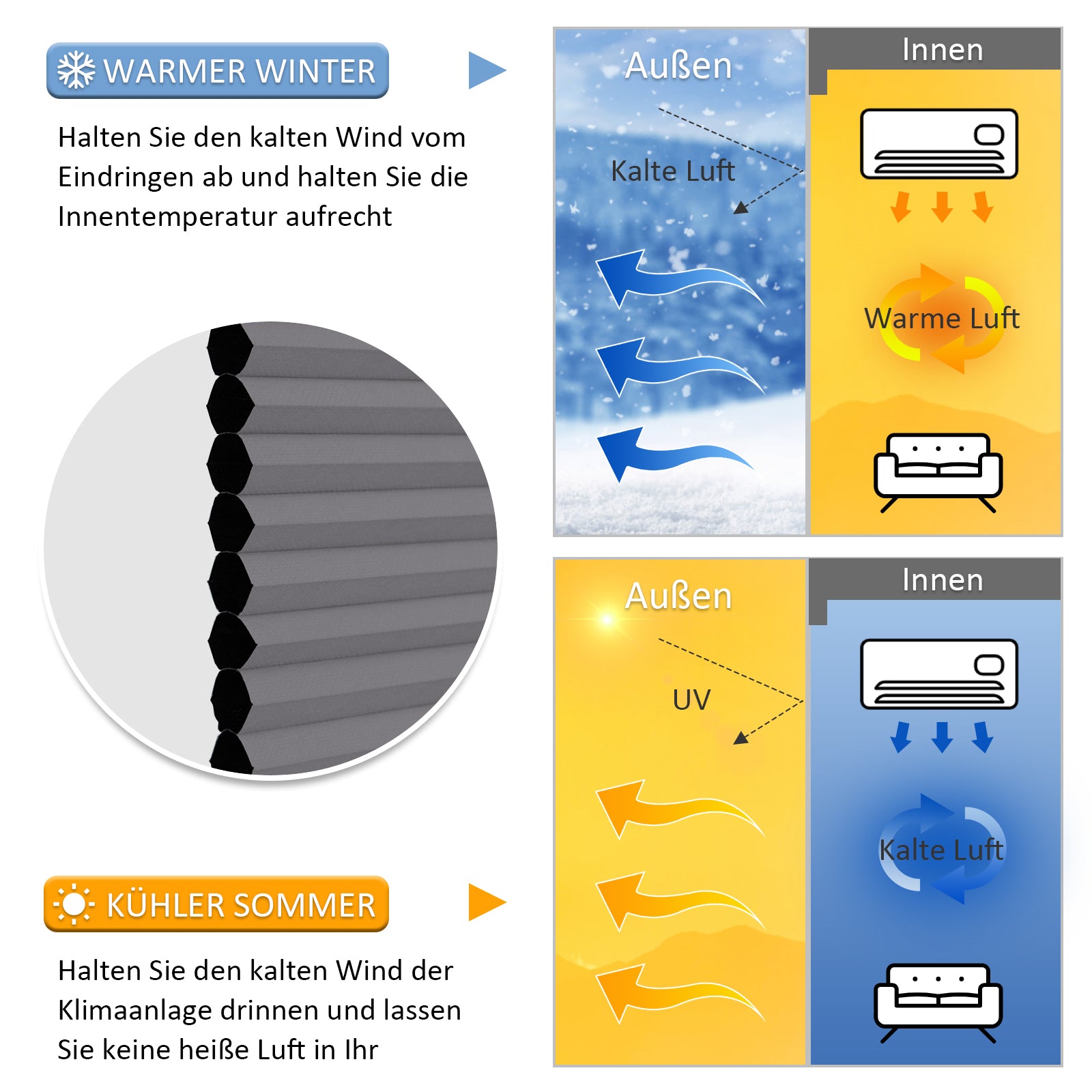 Wabenplissee Klemmfix Verdunkelung Thermo Zweifarbig Weiß-Grau