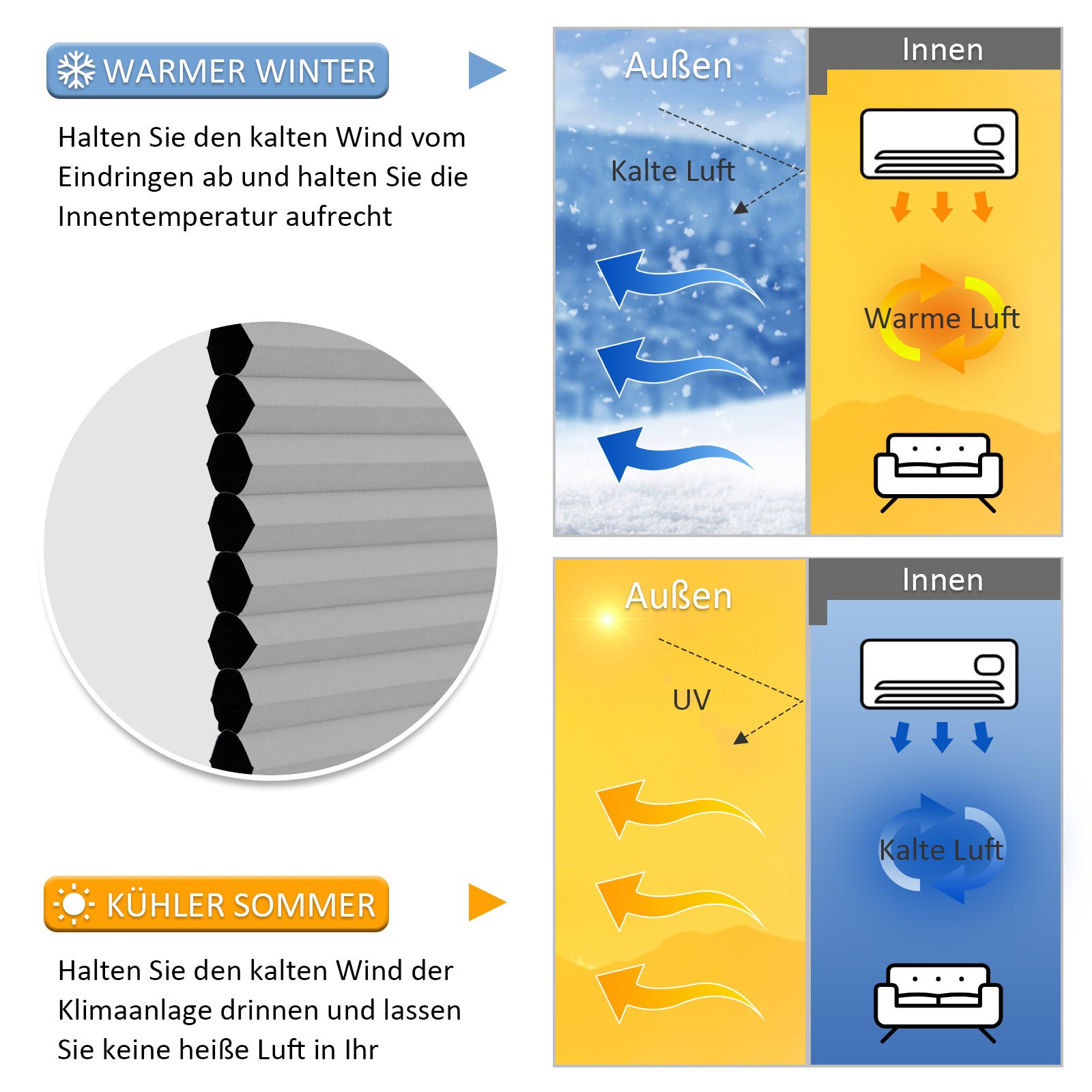 Wabenplissee Klemmfix Verdunkelung Thermo Zweifarbig Weiß-Hellgrau
