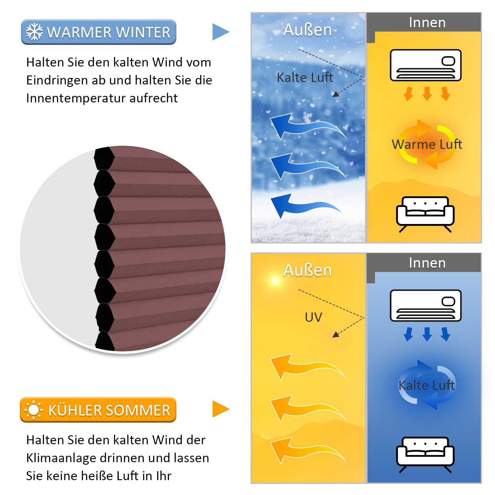 Wabenplissee Klemmfix Verdunkelung Thermo Zweifarbig Weiß-Weinrot