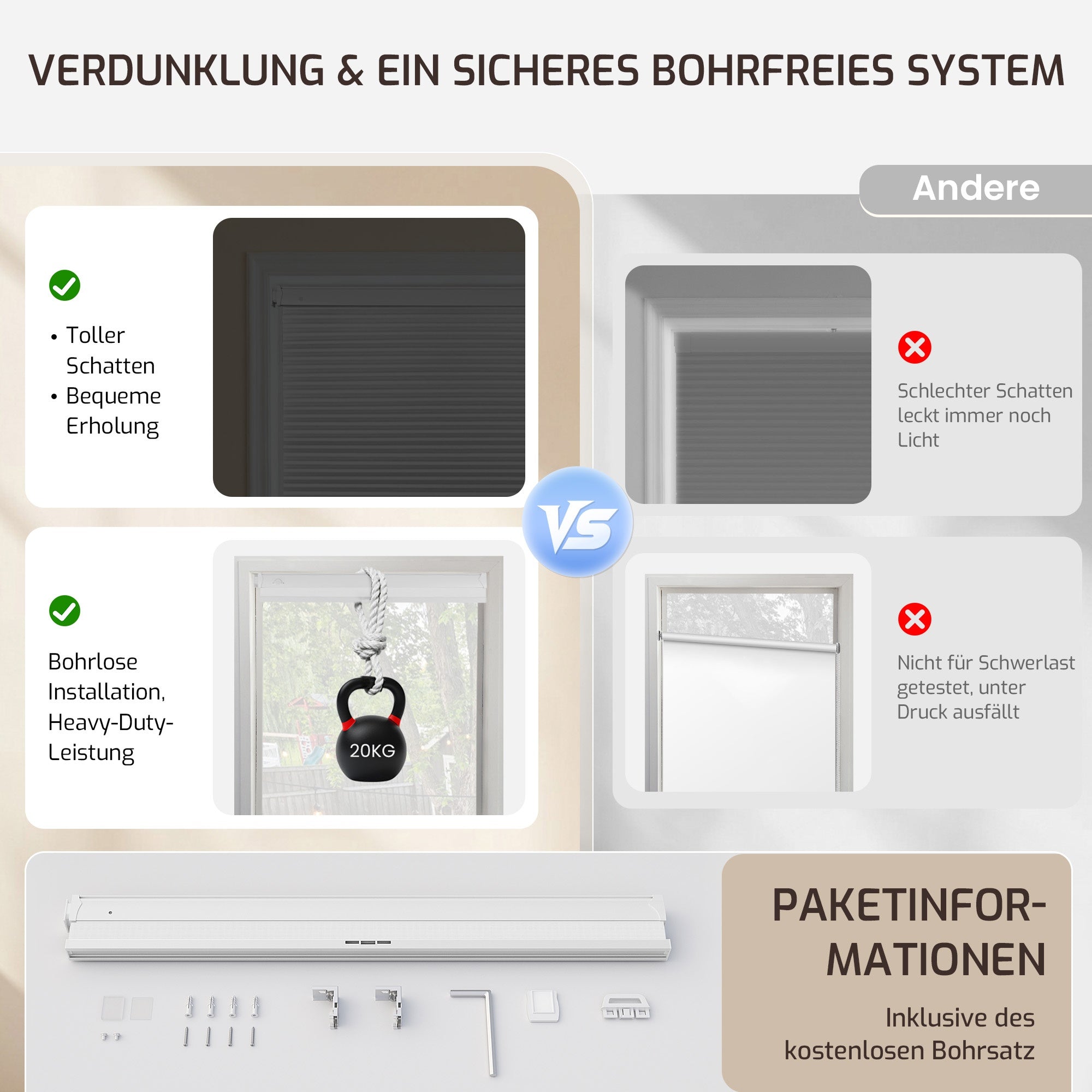 Ohne Bohren | Schnurlos | Lichtdurchlässig | Freistopp | Wabenplissee | Weiß-Weiß