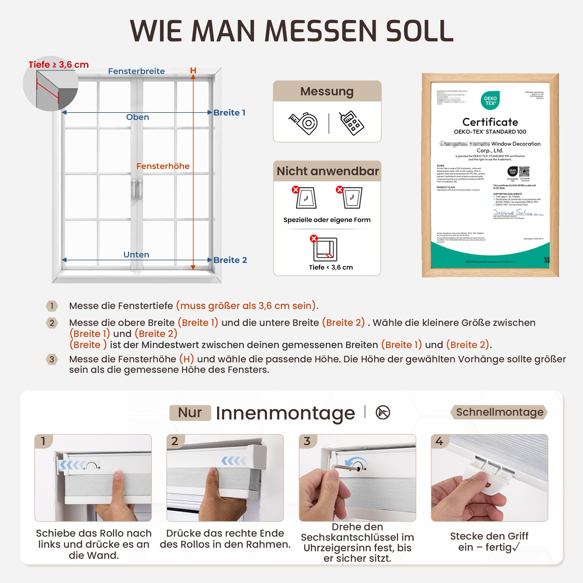 Ohne Bohren | Schnurlos | Lichtdurchlässig | Freistopp | Wabenplissee | Weiß-Weiß