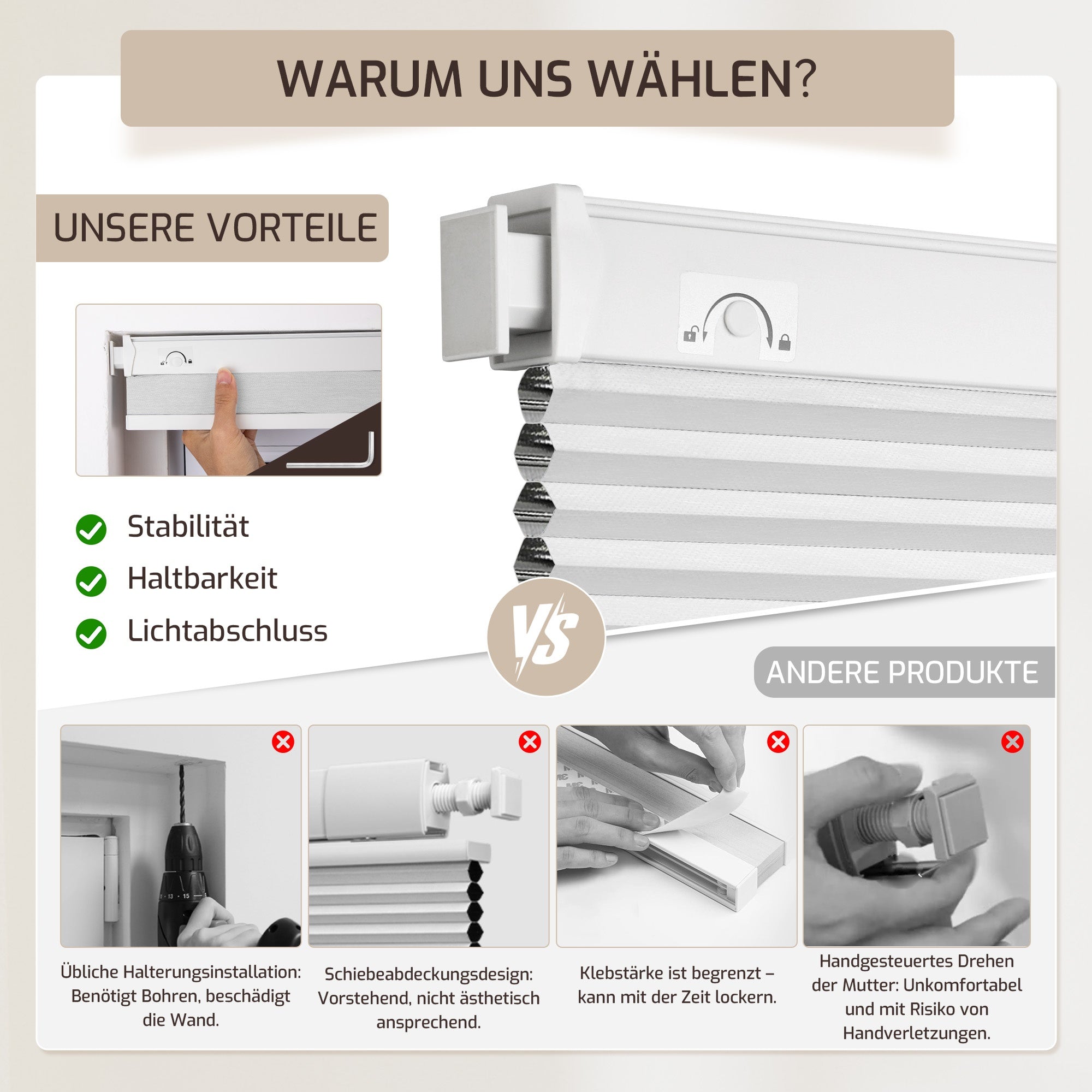 Ohne Bohren | Schnurlos | Lichtdurchlässig | Freistopp | Wabenplissee | Weiß-Weiß