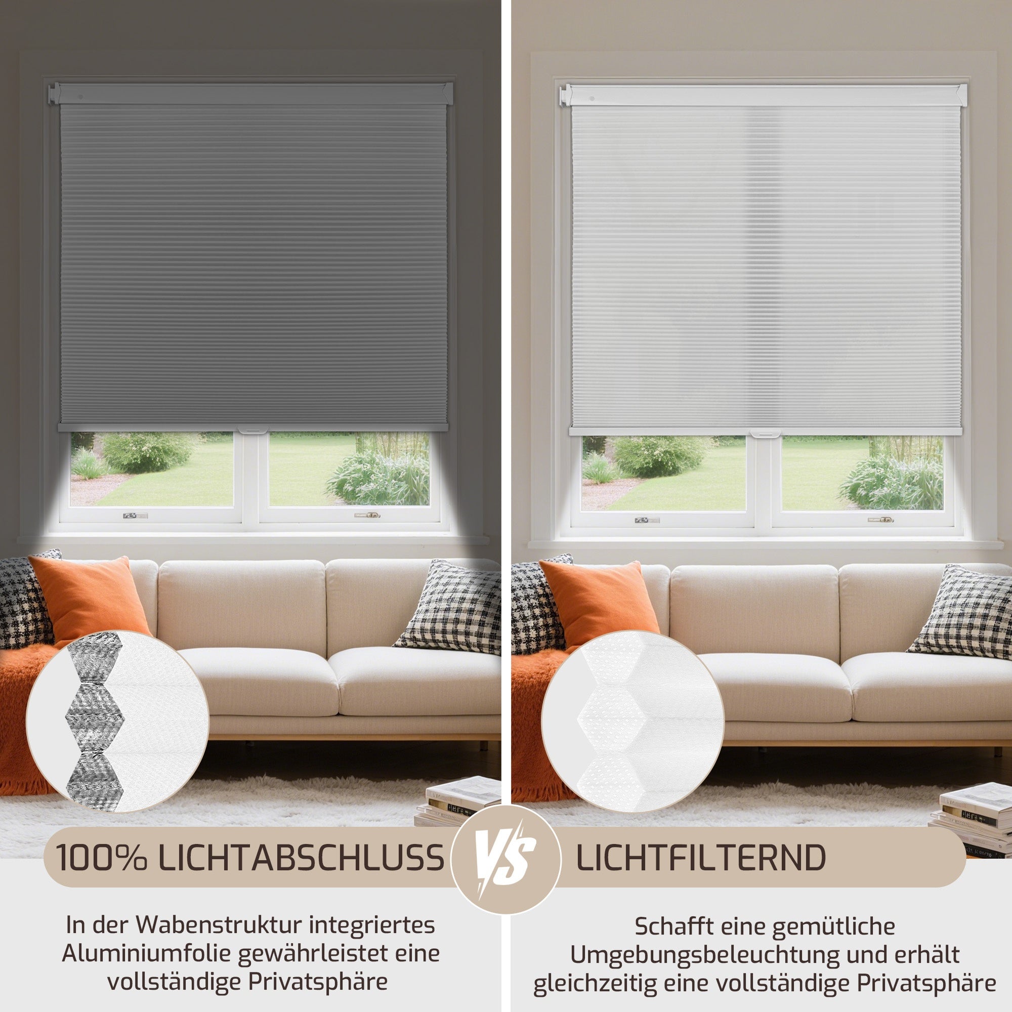 Ohne Bohren | Schnurlos | Lichtdurchlässig | Freistopp | Wabenplissee | Weiß-Weiß