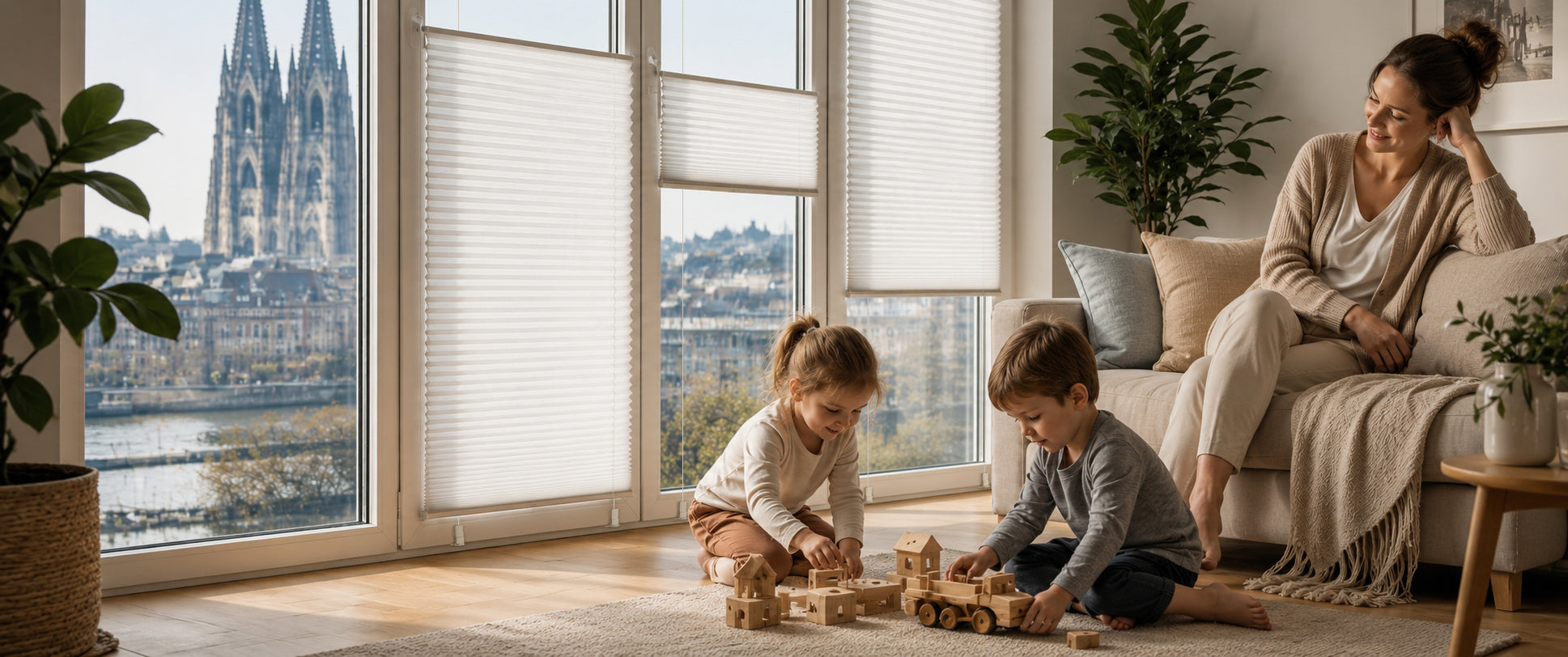 Grandekor Plissees in einem Familienwohnzimmer mit Blick auf den Kölner Dom