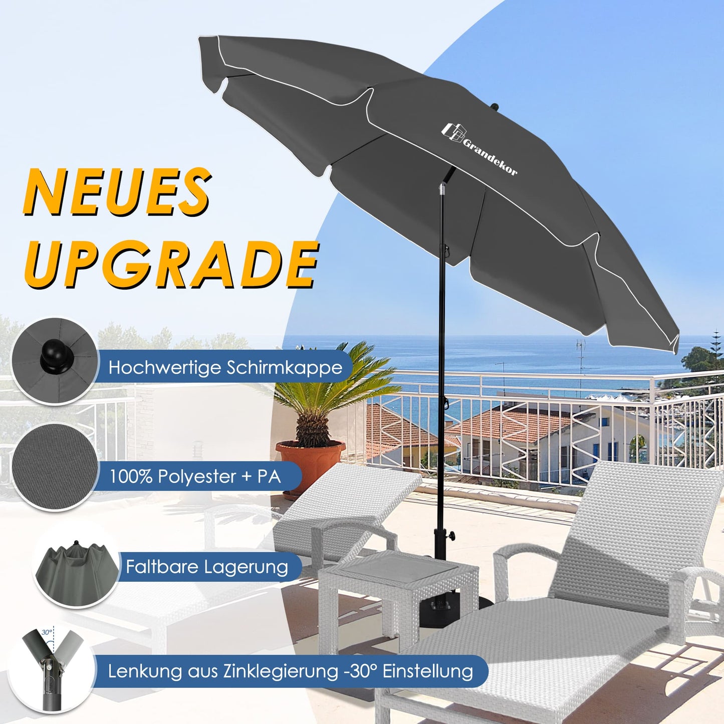 Sonnenschirm für den Strand 217cm mit UV-Schutz 3-stufige verstellbarer Neigungswinkel