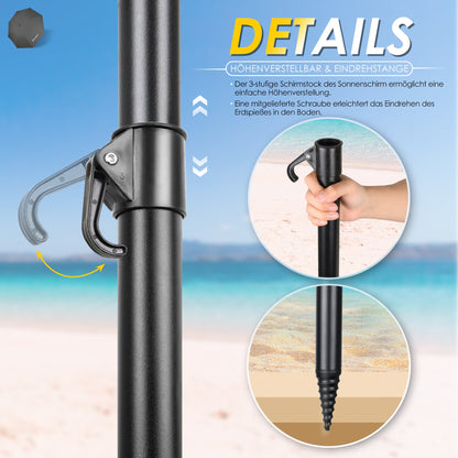Sonnenschirm für den Strand 217cm mit UV-Schutz 3-stufige verstellbarer Neigungswinkel