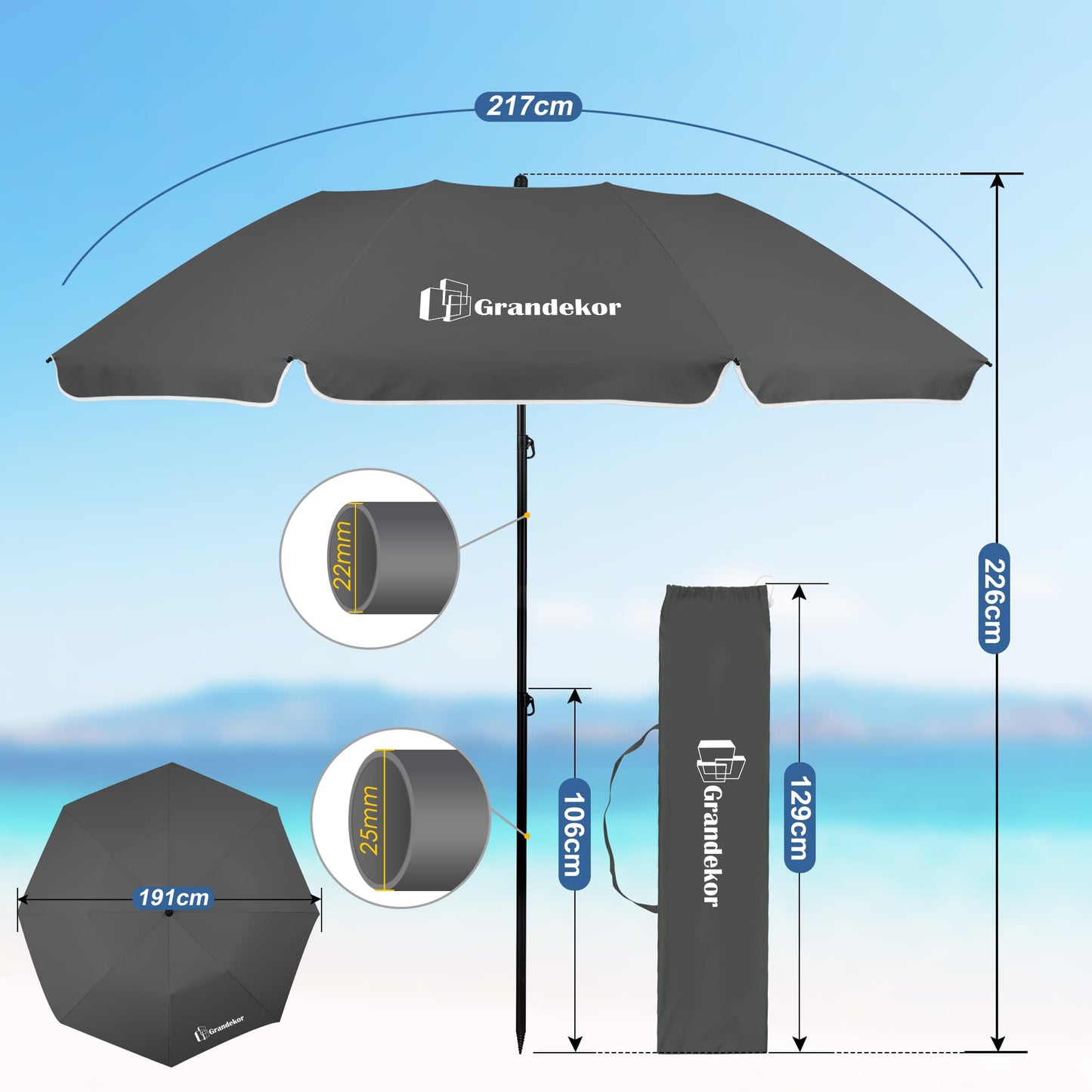 Sonnenschirm für den Strand 217cm mit UV-Schutz 3-stufige verstellbarer Neigungswinkel
