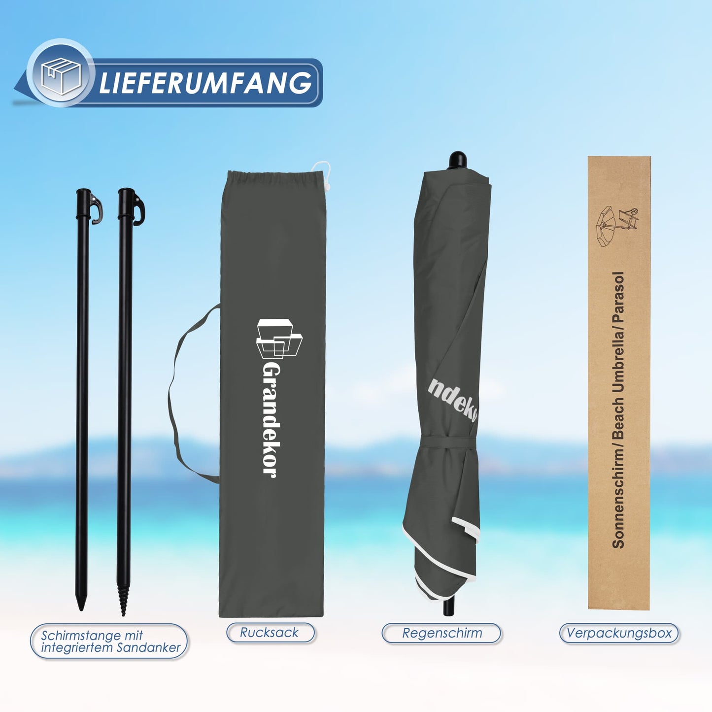 Sonnenschirm für den Strand 217cm mit UV-Schutz 3-stufige verstellbarer Neigungswinkel