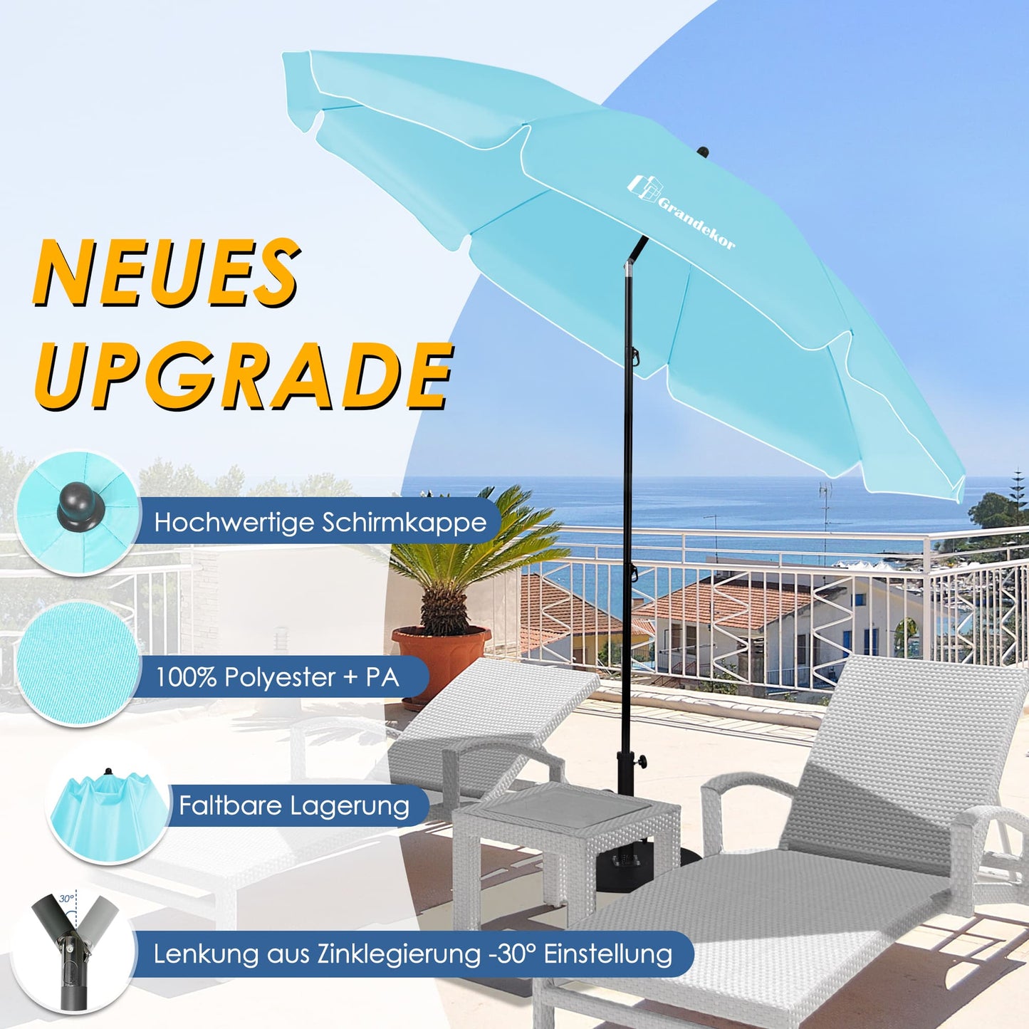 Sonnenschirm für den Strand 217cm mit UV-Schutz 3-stufige verstellbarer Neigungswinkel