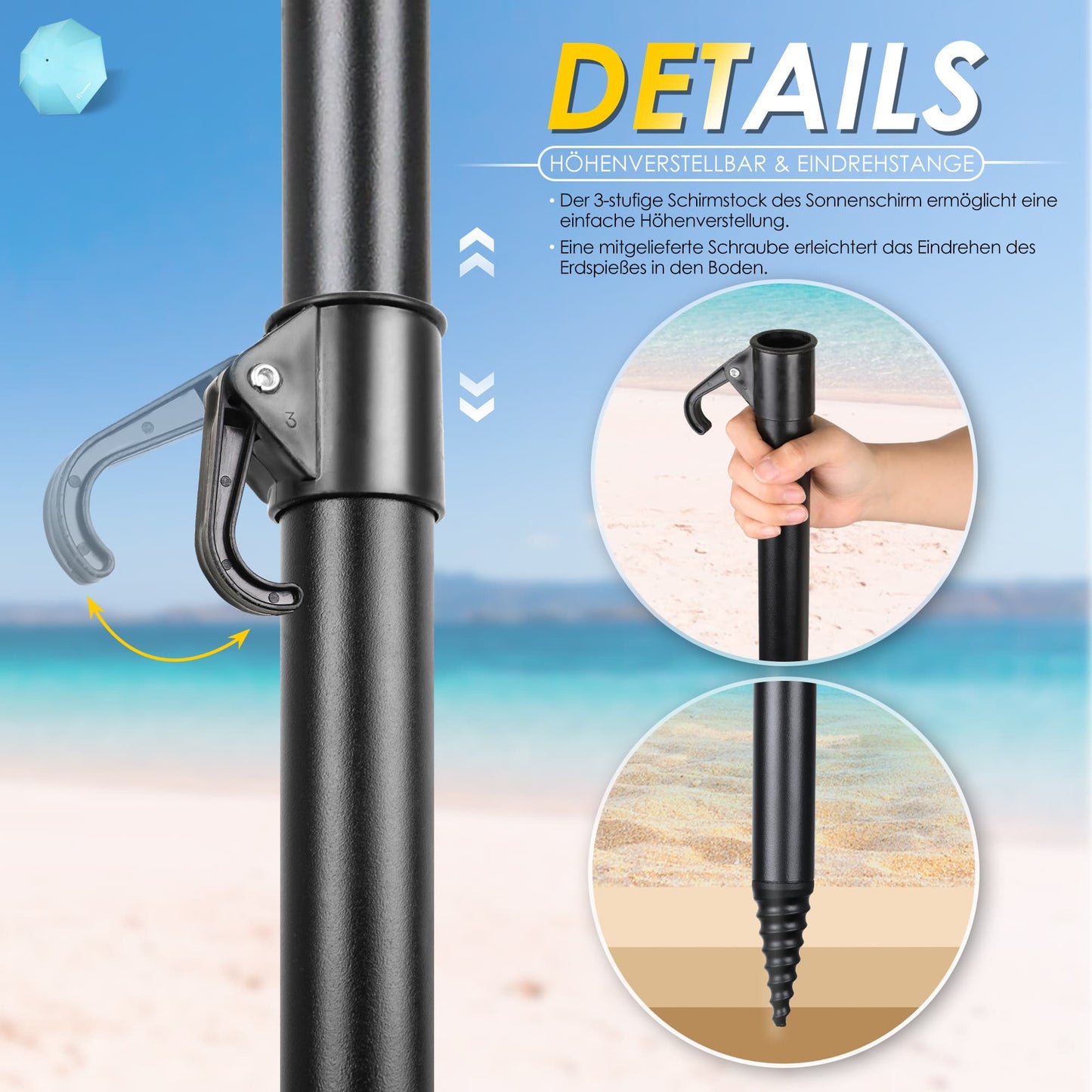 Sonnenschirm für den Strand 217cm mit UV-Schutz 3-stufige verstellbarer Neigungswinkel