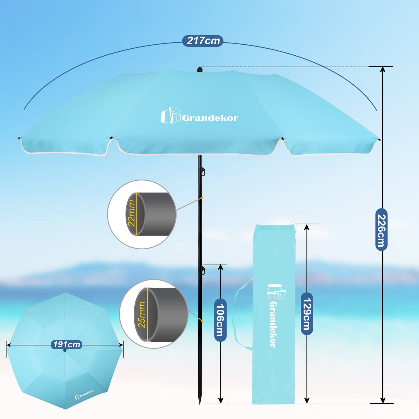 Sonnenschirm für den Strand 217cm mit UV-Schutz 3-stufige verstellbarer Neigungswinkel