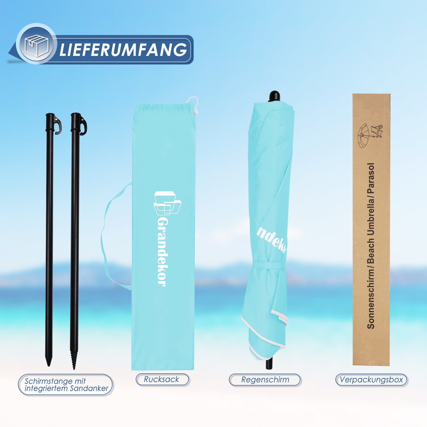 Sonnenschirm für den Strand 217cm mit UV-Schutz 3-stufige verstellbarer Neigungswinkel