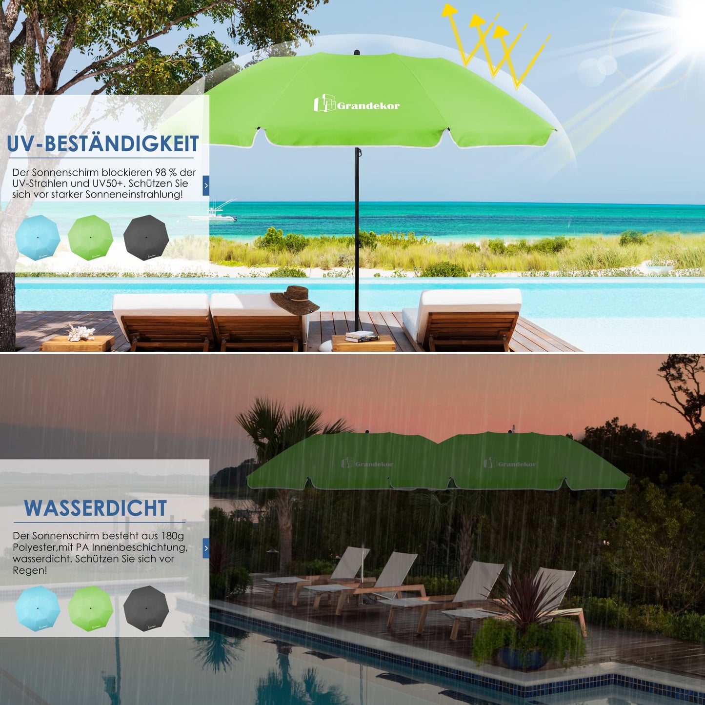 Sonnenschirm für den Strand 217cm mit UV-Schutz 3-stufige verstellbarer Neigungswinkel