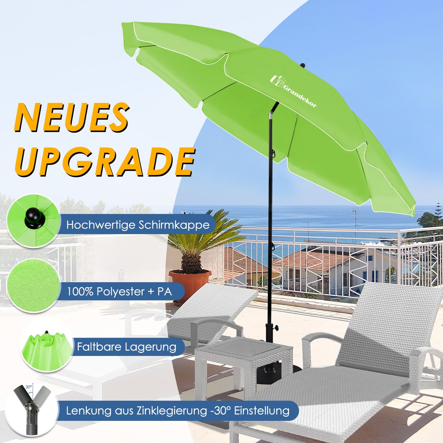 Sonnenschirm für den Strand 217cm mit UV-Schutz 3-stufige verstellbarer Neigungswinkel