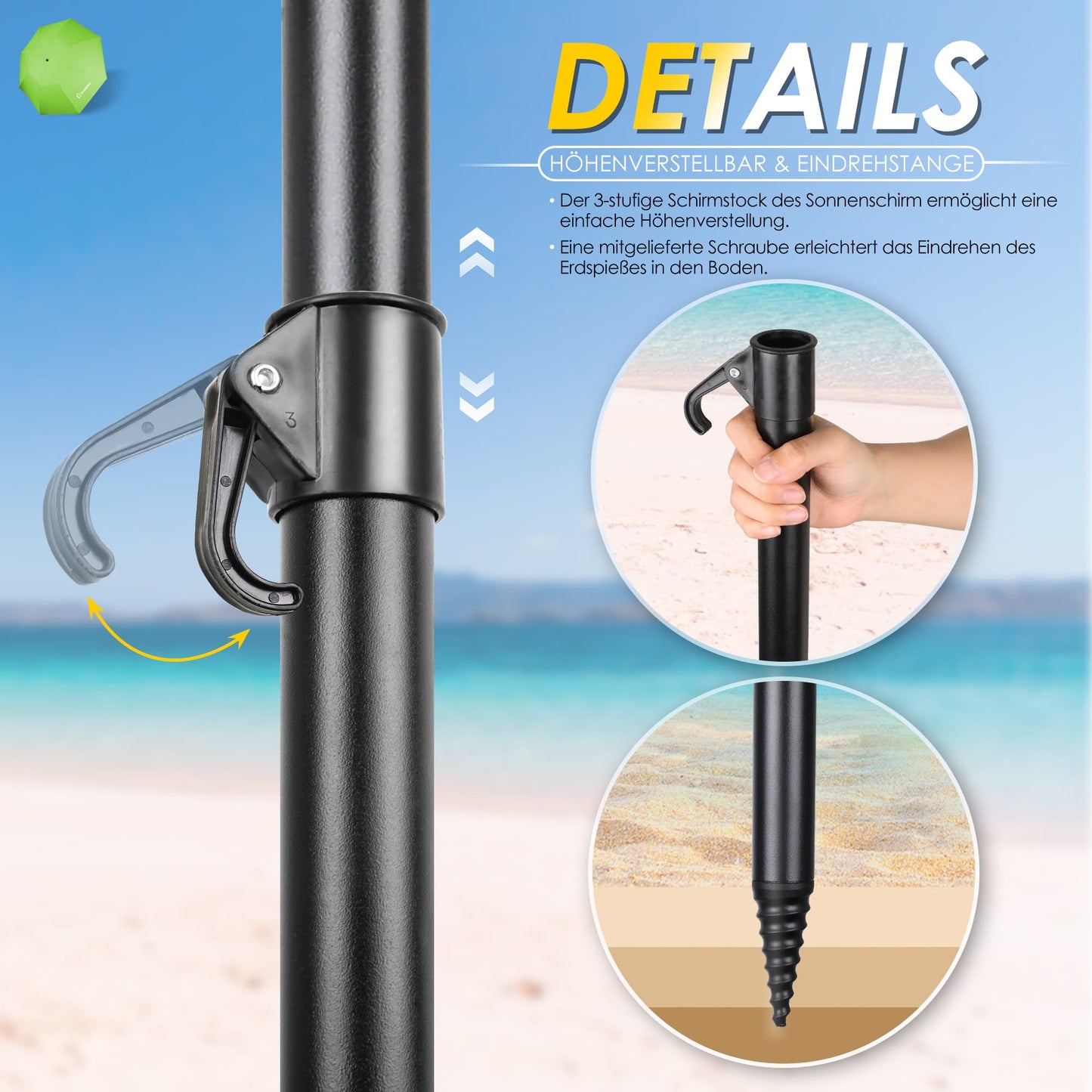 Sonnenschirm für den Strand 217cm mit UV-Schutz 3-stufige verstellbarer Neigungswinkel
