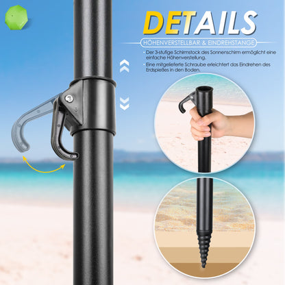 Sonnenschirm für den Strand 217cm mit UV-Schutz 3-stufige verstellbarer Neigungswinkel
