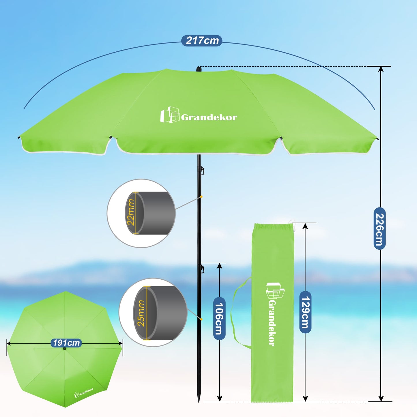 Sonnenschirm für den Strand 217cm mit UV-Schutz 3-stufige verstellbarer Neigungswinkel