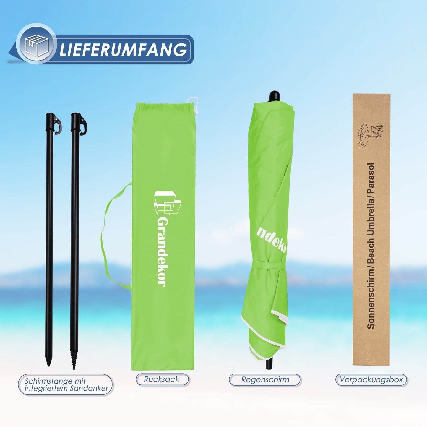 Sonnenschirm für den Strand 217cm mit UV-Schutz 3-stufige verstellbarer Neigungswinkel
